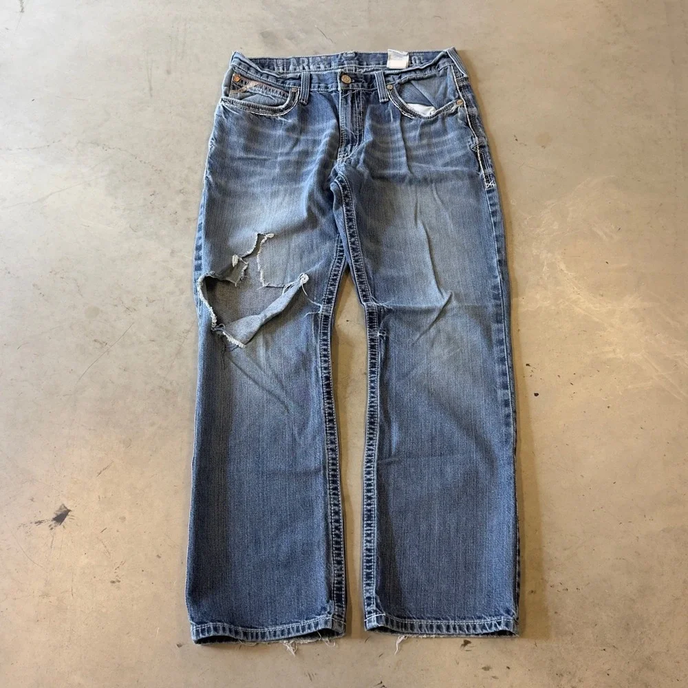 Ariat M4 Low Rise Boot Cut Jeans Mens 34x32 Distressed Blue Denim Workwear